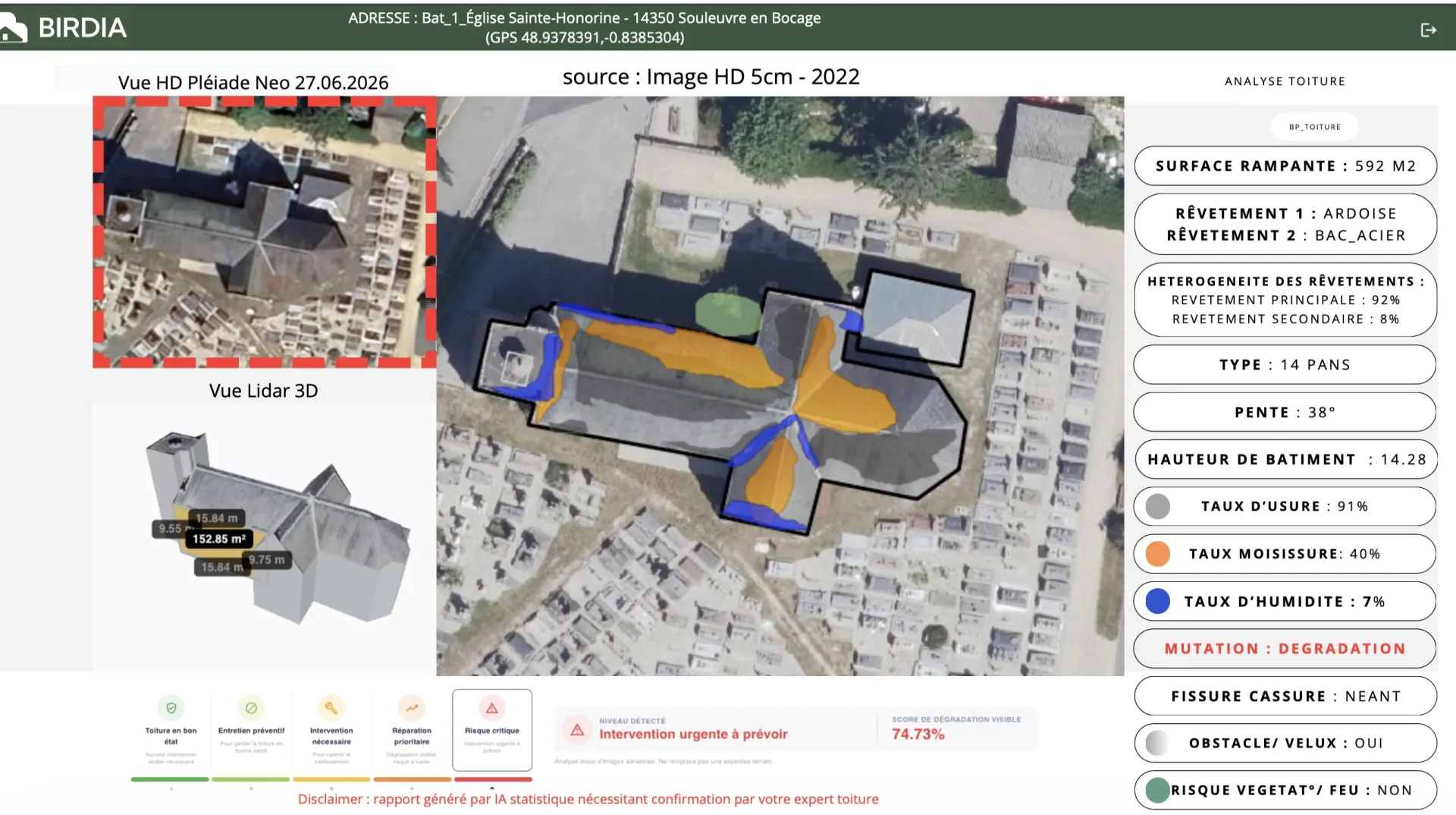 Rapport d'analyse de toiture BIRDIA — vue HD, maquette Lidar 3D et détection des dégradations