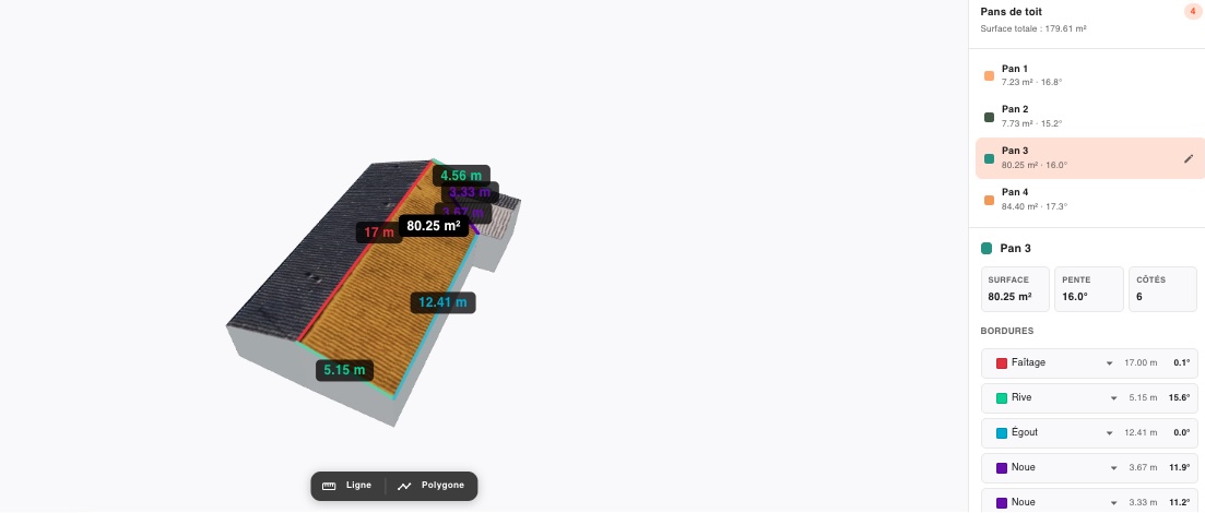Maquette 3D BIRDIA — pans détaillés avec surfaces, pentes, faîtage, rives, égouts et noues mesurés au centimètre