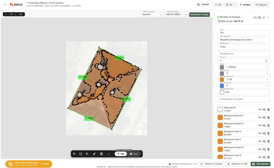 Vue 2D : repérage du bâtiment et tracé du contour de toiture à partir d'une adresse