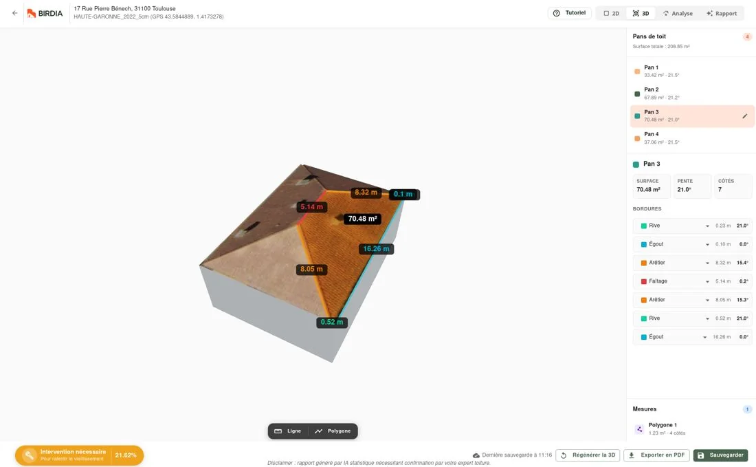 Vue 3D : 4 pans détectés, surface totale et pente par pan, bordures (rive, égout, arêtier, faîtage) mesurées individuellement